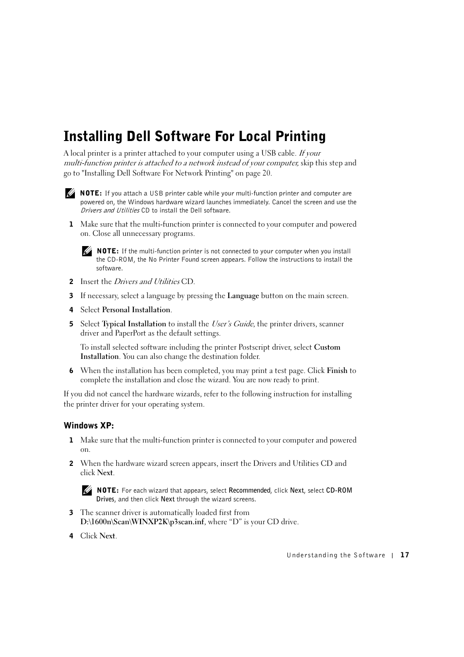 Installing dell software for local printing, Windows xp | Dell 1600n Multifunction Mono Laser Printer User Manual | Page 27 / 134