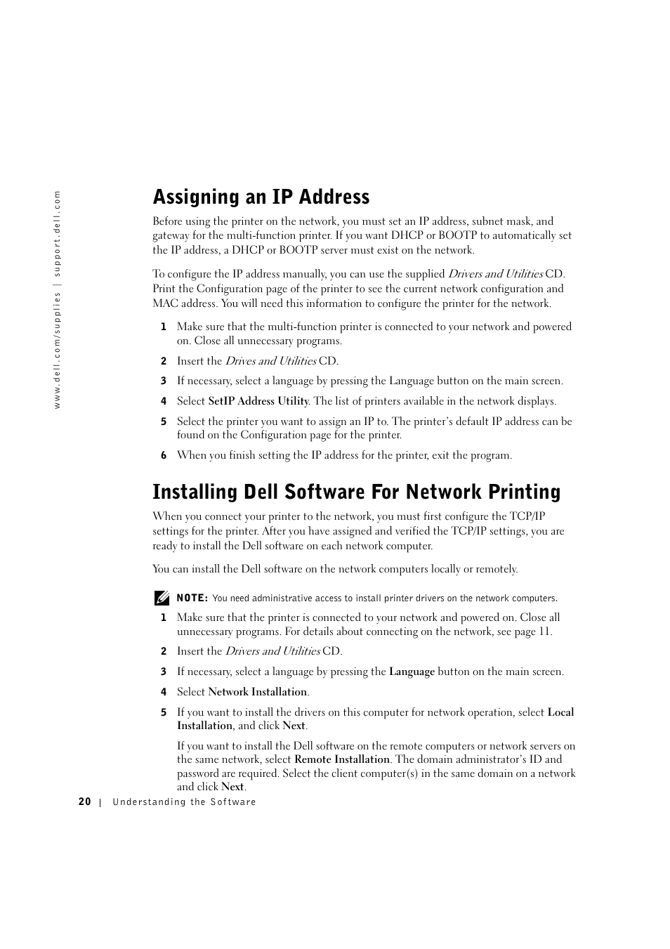 Assigning an ip address, Installing dell software for network printing | Dell 1600n Multifunction Mono Laser Printer User Manual | Page 30 / 134