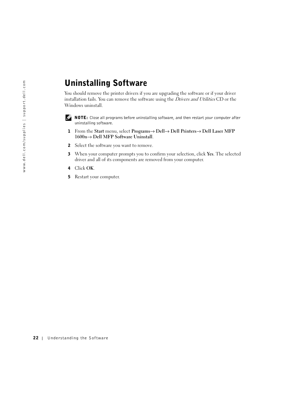 Uninstalling software | Dell 1600n Multifunction Mono Laser Printer User Manual | Page 32 / 134