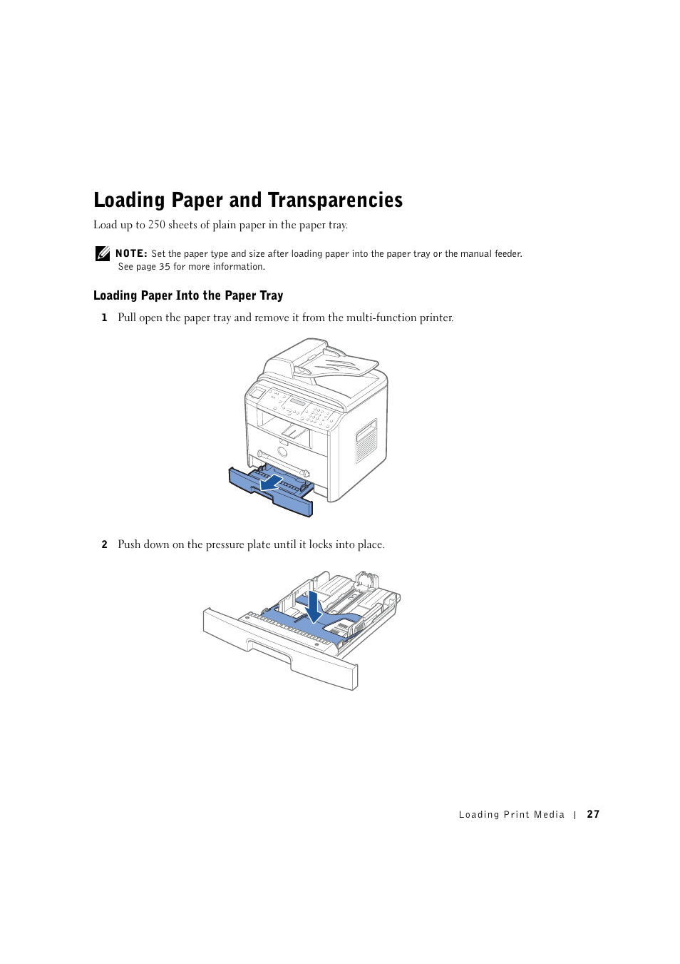 Loading paper and transparencies, Loading paper into the paper tray | Dell 1600n Multifunction Mono Laser Printer User Manual | Page 37 / 134