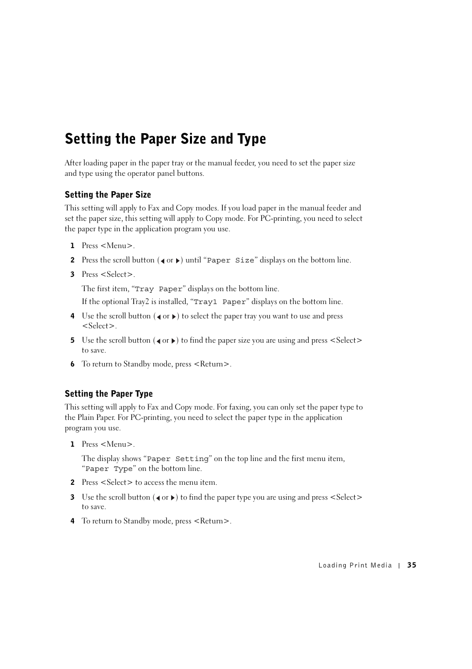 Setting the paper size and type, Setting the paper size, Setting the paper type | Dell 1600n Multifunction Mono Laser Printer User Manual | Page 45 / 134