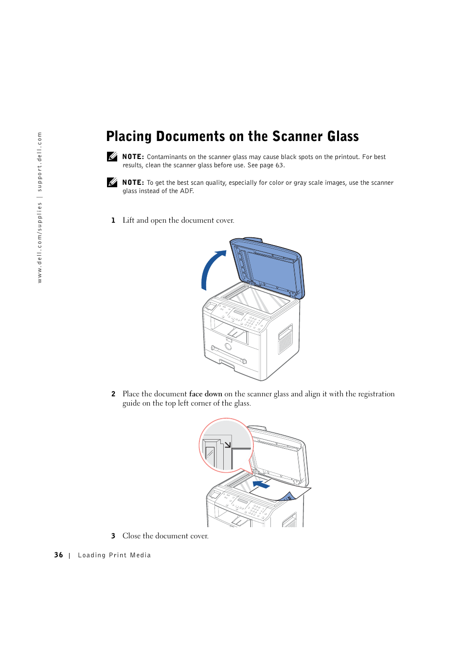 Placing documents on the scanner glass | Dell 1600n Multifunction Mono Laser Printer User Manual | Page 46 / 134
