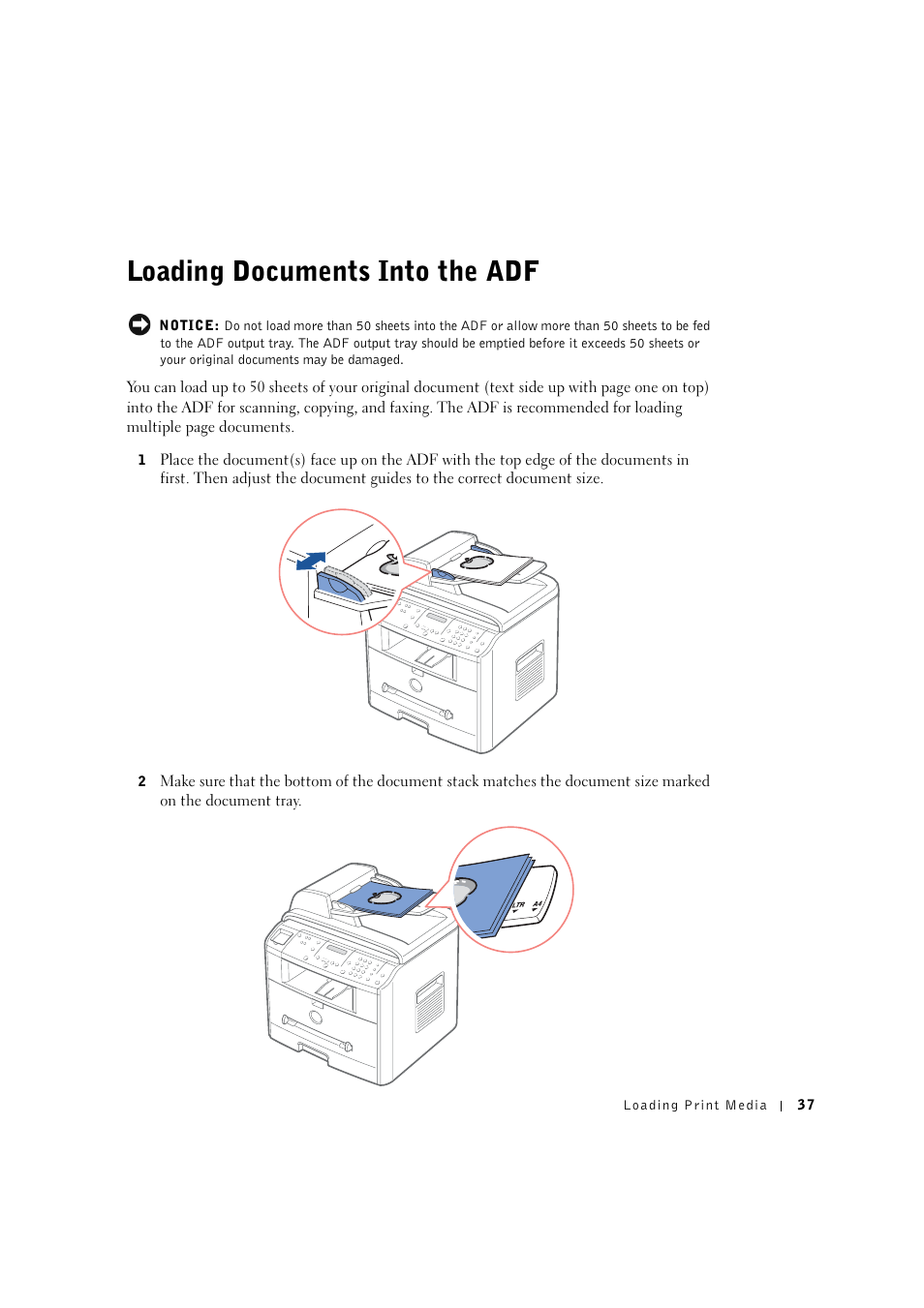 Loading documents into the adf | Dell 1600n Multifunction Mono Laser Printer User Manual | Page 47 / 134