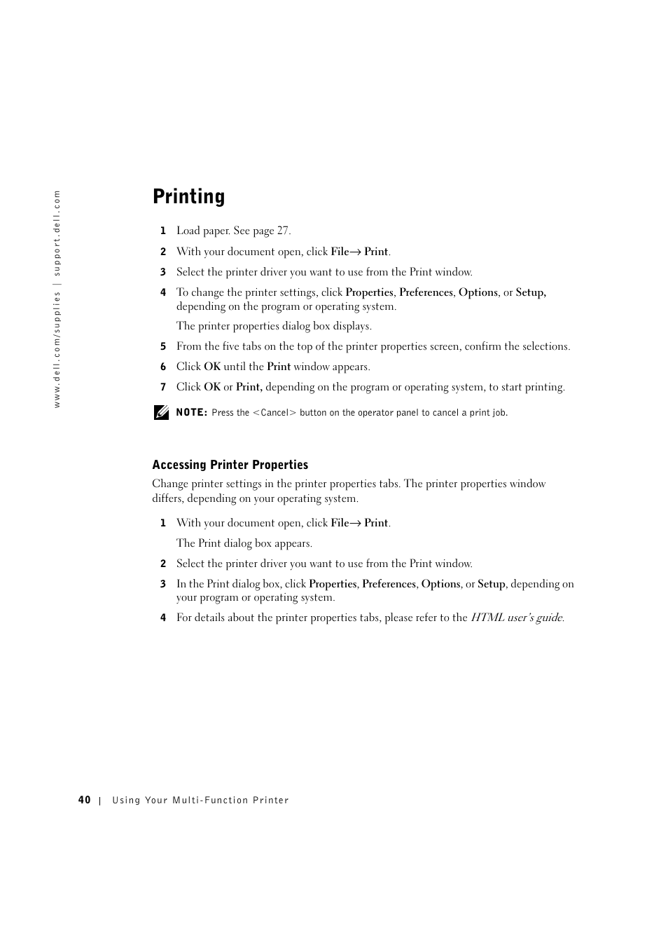 Printing, Accessing printer properties | Dell 1600n Multifunction Mono Laser Printer User Manual | Page 50 / 134