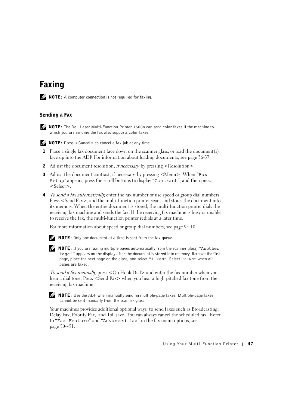 Faxing, Sending a fax | Dell 1600n Multifunction Mono Laser Printer User Manual | Page 57 / 134