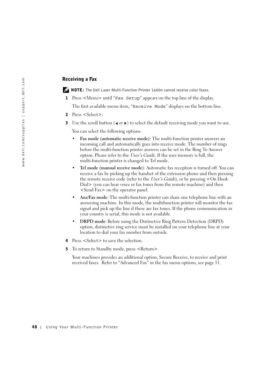 Receiving a fax | Dell 1600n Multifunction Mono Laser Printer User Manual | Page 58 / 134