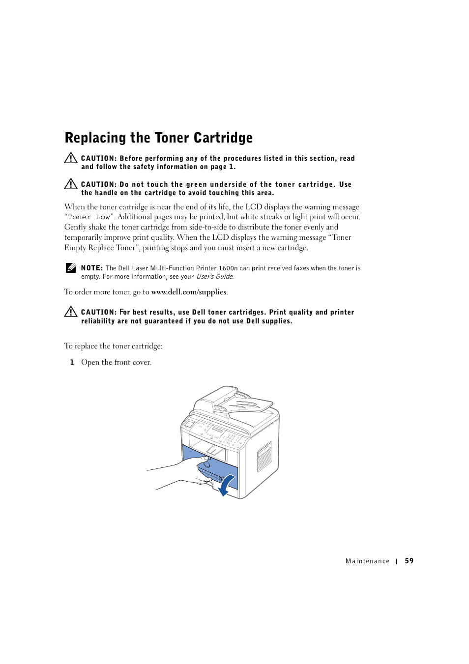 Replacing the toner cartridge | Dell 1600n Multifunction Mono Laser Printer User Manual | Page 69 / 134