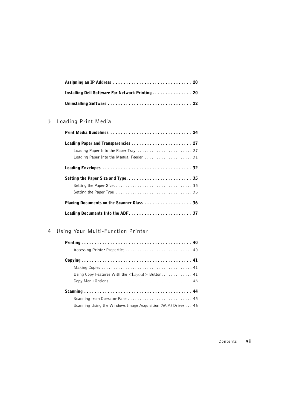 3 loading print media, 4 using your multi-function printer, 3loading print media | 4using your multi-function printer | Dell 1600n Multifunction Mono Laser Printer User Manual | Page 7 / 134