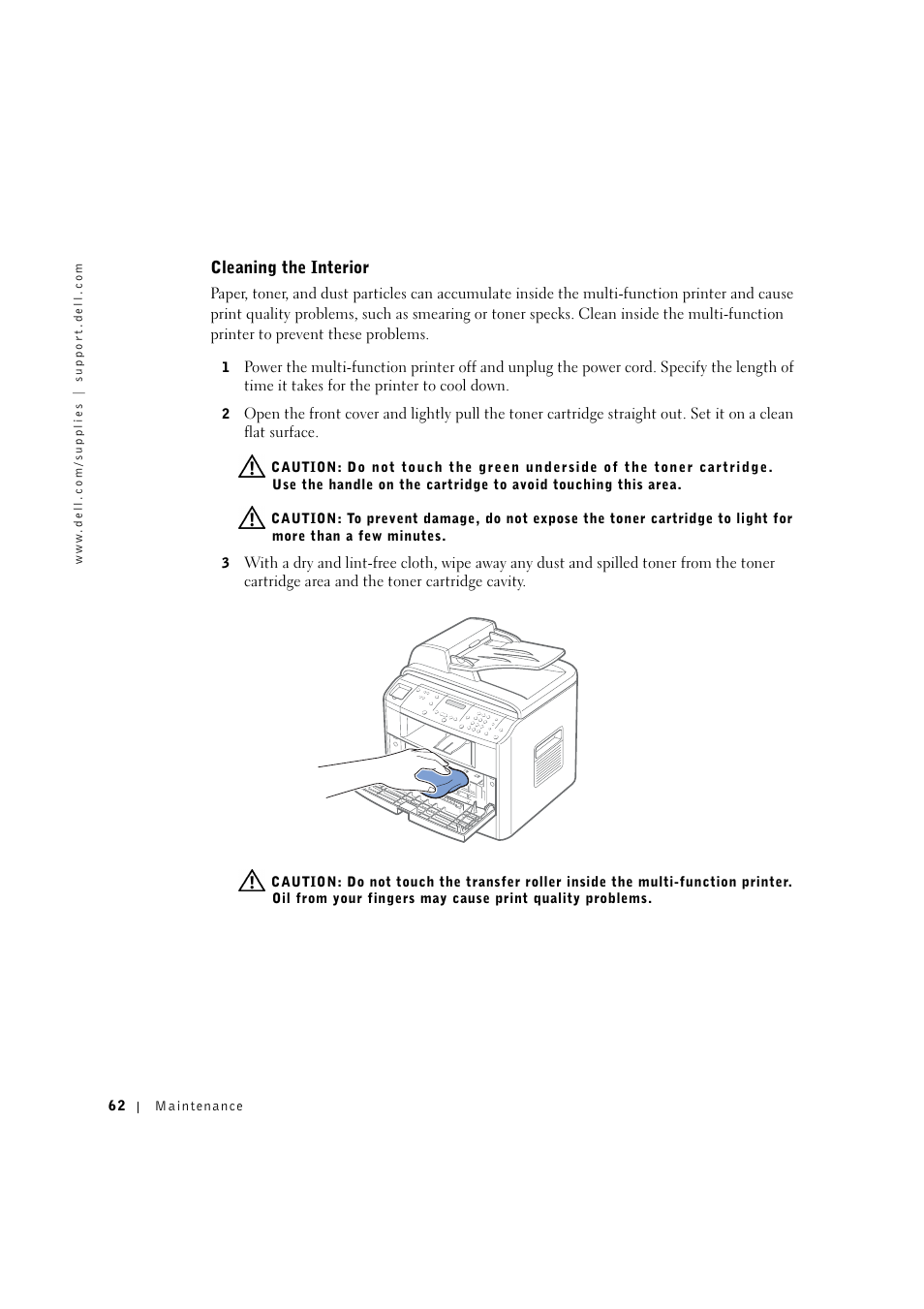 Cleaning the interior | Dell 1600n Multifunction Mono Laser Printer User Manual | Page 72 / 134