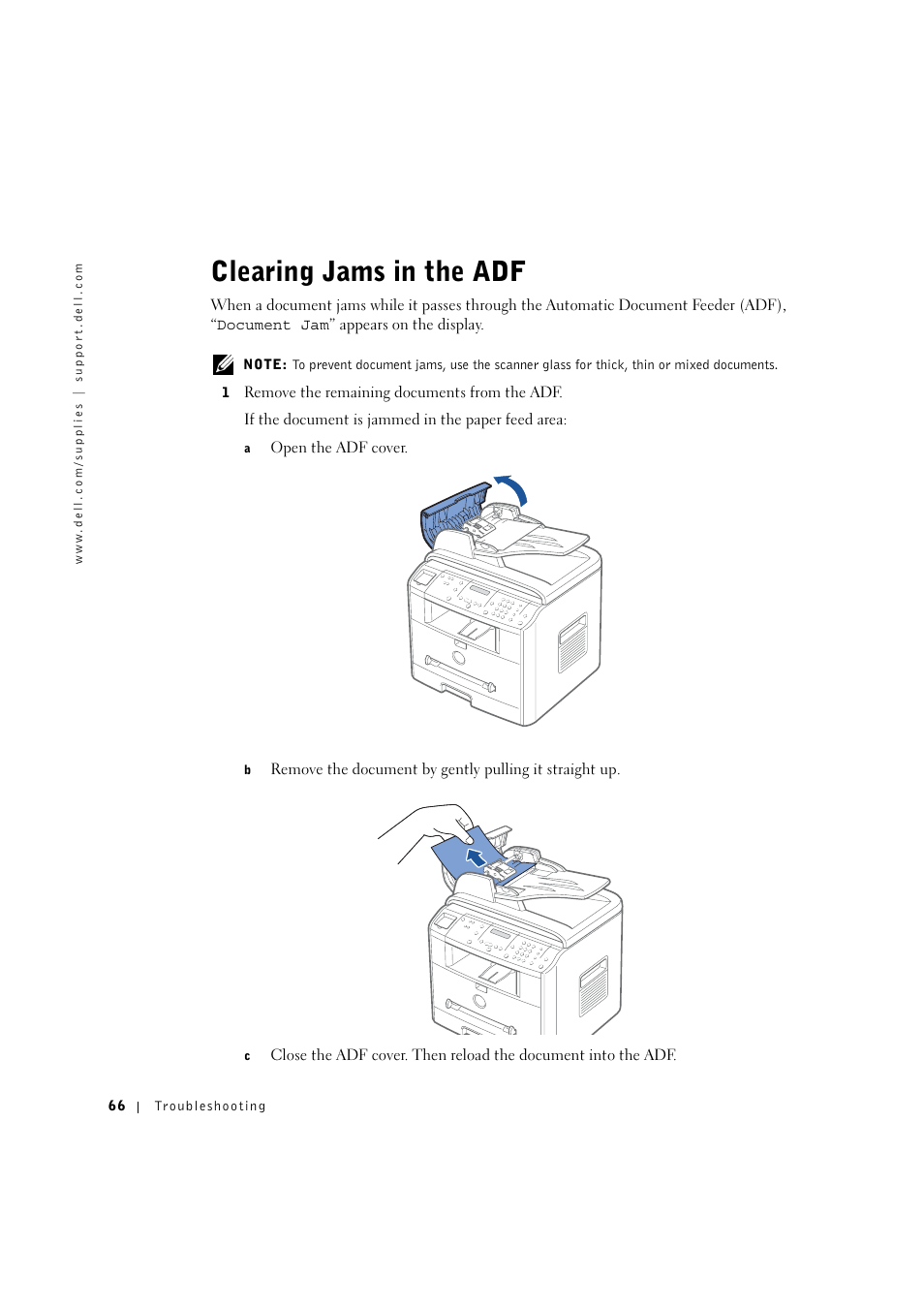 Clearing jams in the adf | Dell 1600n Multifunction Mono Laser Printer User Manual | Page 76 / 134