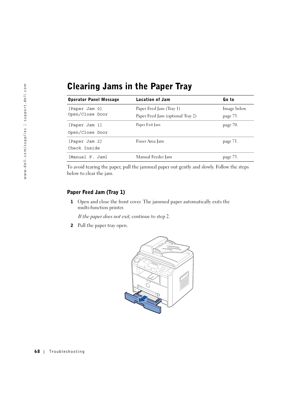 Clearing jams in the paper tray, Paper feed jam (tray 1) | Dell 1600n Multifunction Mono Laser Printer User Manual | Page 78 / 134