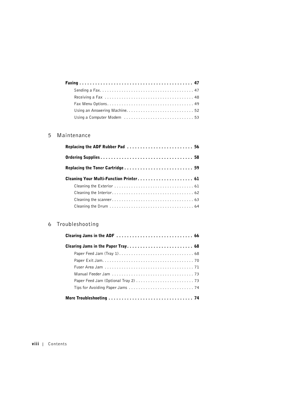 5 maintenance, 6 troubleshooting, 5maintenance | 6troubleshooting | Dell 1600n Multifunction Mono Laser Printer User Manual | Page 8 / 134