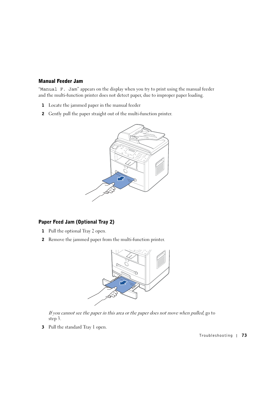 Manual feeder jam, Paper feed jam (optional tray 2) | Dell 1600n Multifunction Mono Laser Printer User Manual | Page 83 / 134