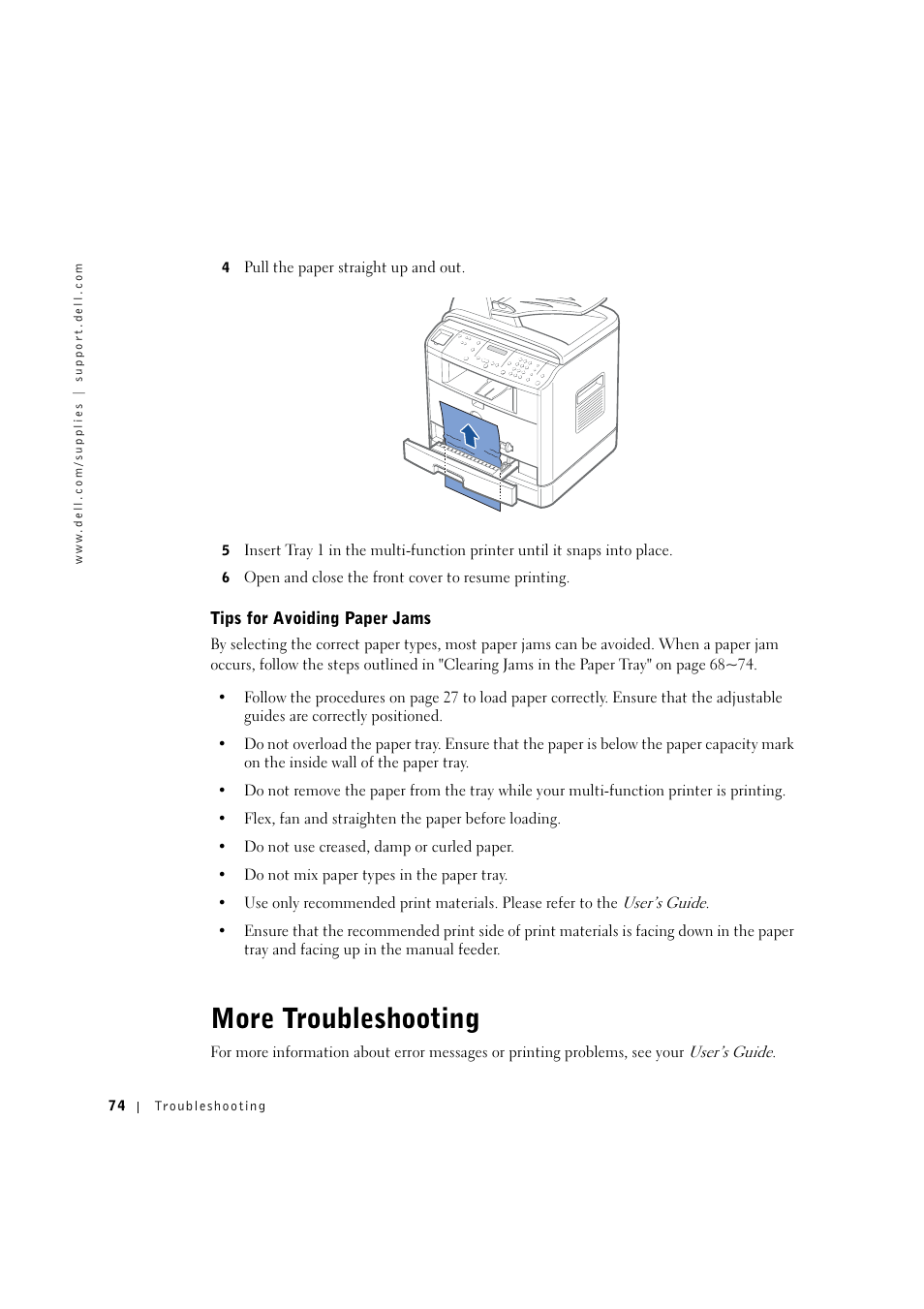 More troubleshooting, Tips for avoiding paper jams | Dell 1600n Multifunction Mono Laser Printer User Manual | Page 84 / 134