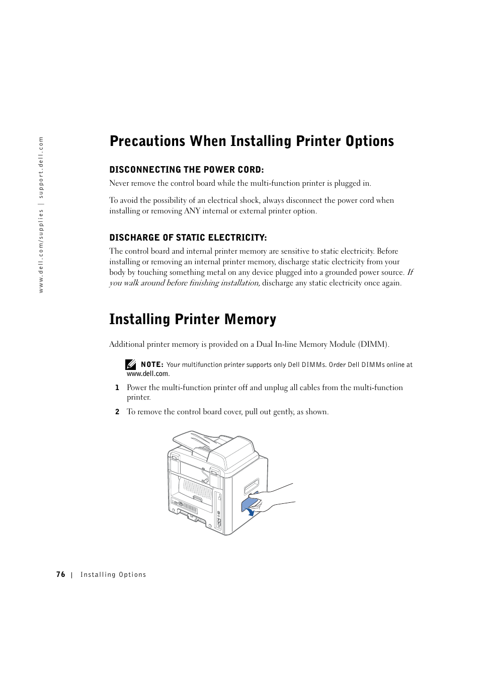 Precautions when installing printer options, Installing printer memory | Dell 1600n Multifunction Mono Laser Printer User Manual | Page 86 / 134