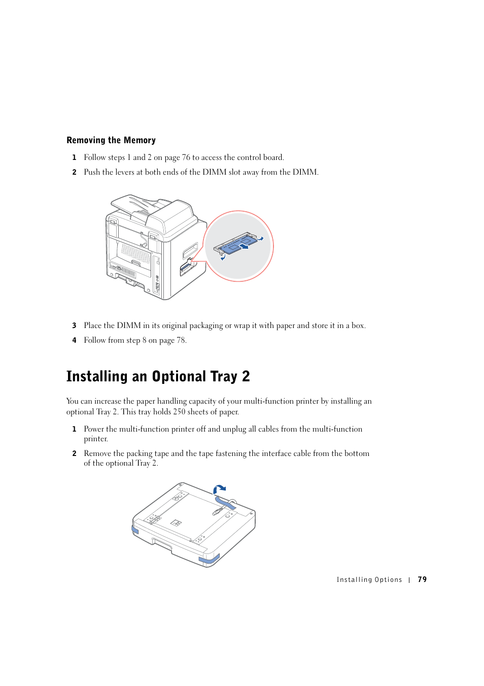 Installing an optional tray 2, Removing the memory | Dell 1600n Multifunction Mono Laser Printer User Manual | Page 89 / 134