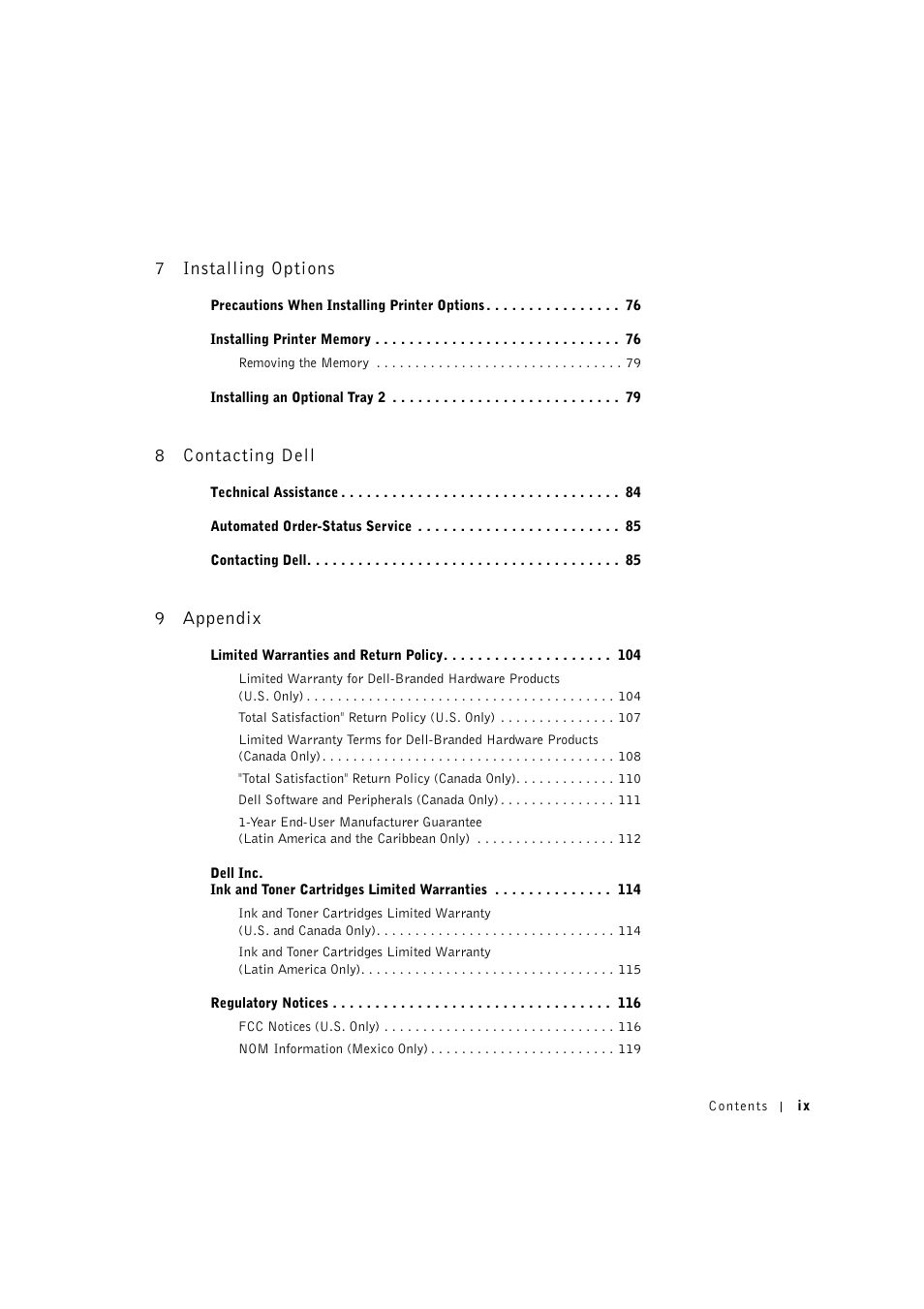 7 installing options, 8 contacting dell, 9 appendix | 7installing options, 8contacting dell, 9appendix | Dell 1600n Multifunction Mono Laser Printer User Manual | Page 9 / 134
