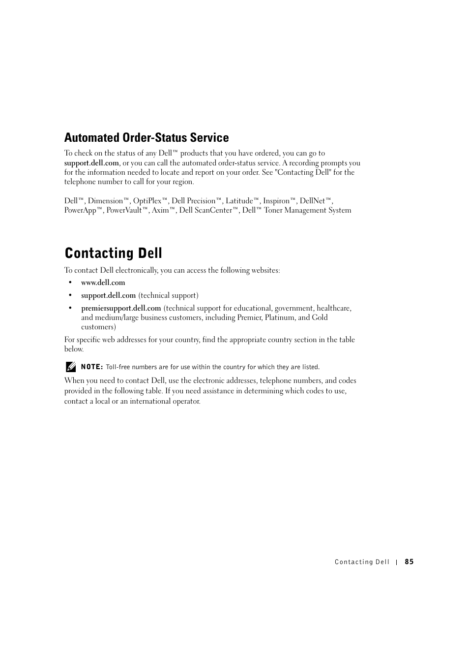Automated order-status service, Contacting dell | Dell 1600n Multifunction Mono Laser Printer User Manual | Page 95 / 134