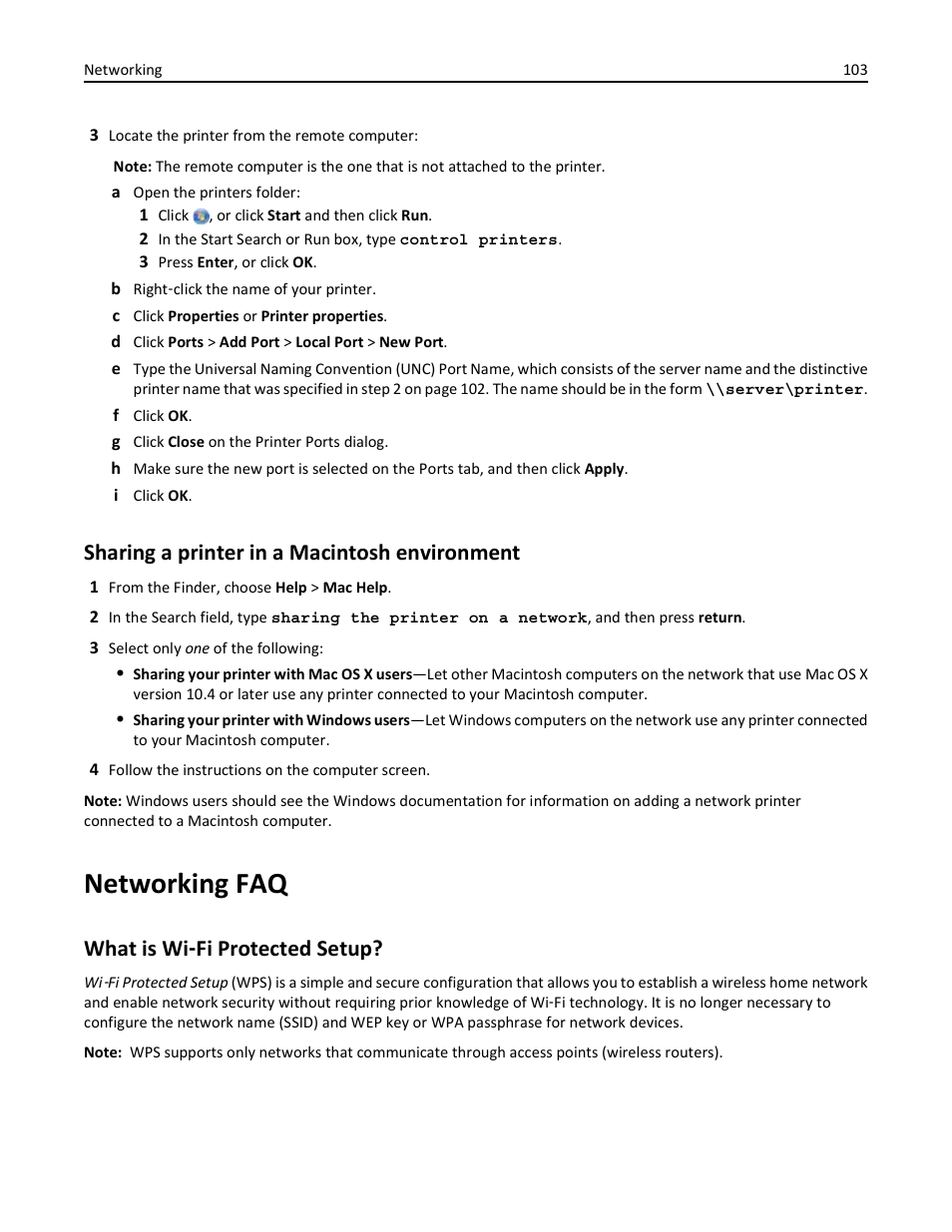 Sharing a printer in a macintosh environment, Networking faq, What is wi-fi protected setup | What is wi ‑ fi protected setup | Dell V525w All In One Wireless Inkjet Printer User Manual | Page 103 / 177