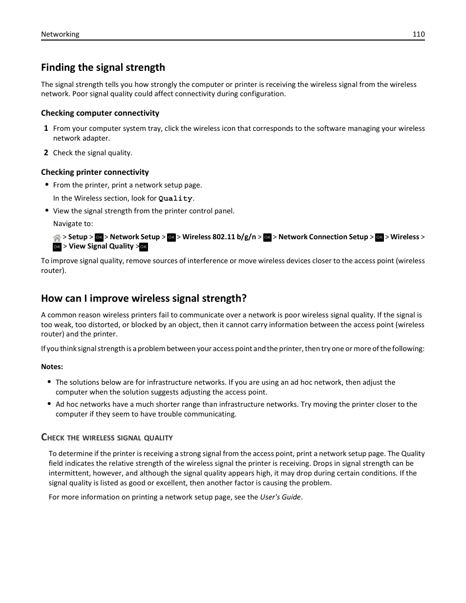 Finding the signal strength, How can i improve wireless signal strength, Check the wireless signal quality | Dell V525w All In One Wireless Inkjet Printer User Manual | Page 110 / 177