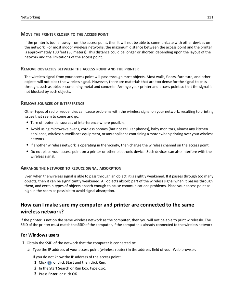 Move the printer closer to the access point, Remove sources of interference, Arrange the network to reduce signal absorption | Dell V525w All In One Wireless Inkjet Printer User Manual | Page 111 / 177