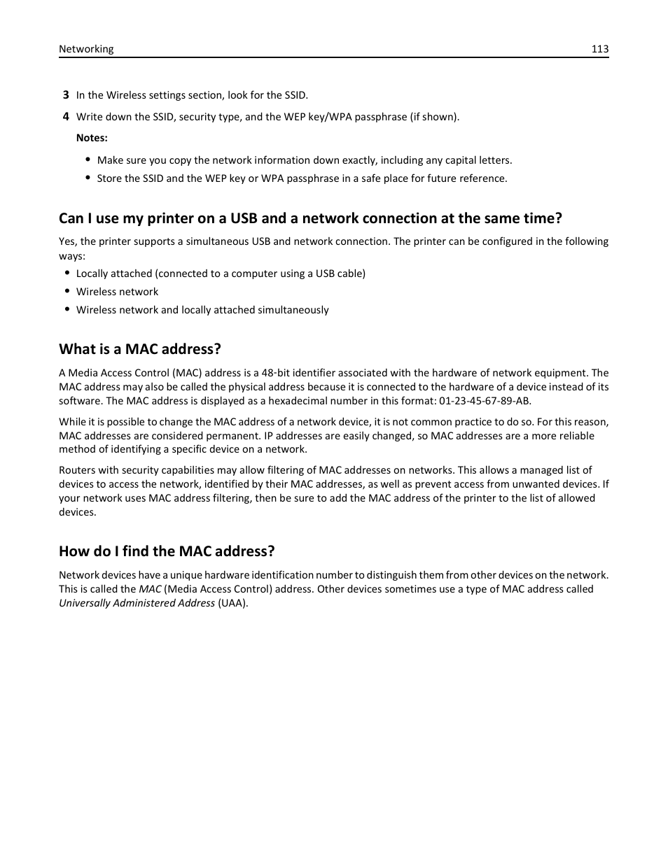 What is a mac address, How do i find the mac address | Dell V525w All In One Wireless Inkjet Printer User Manual | Page 113 / 177