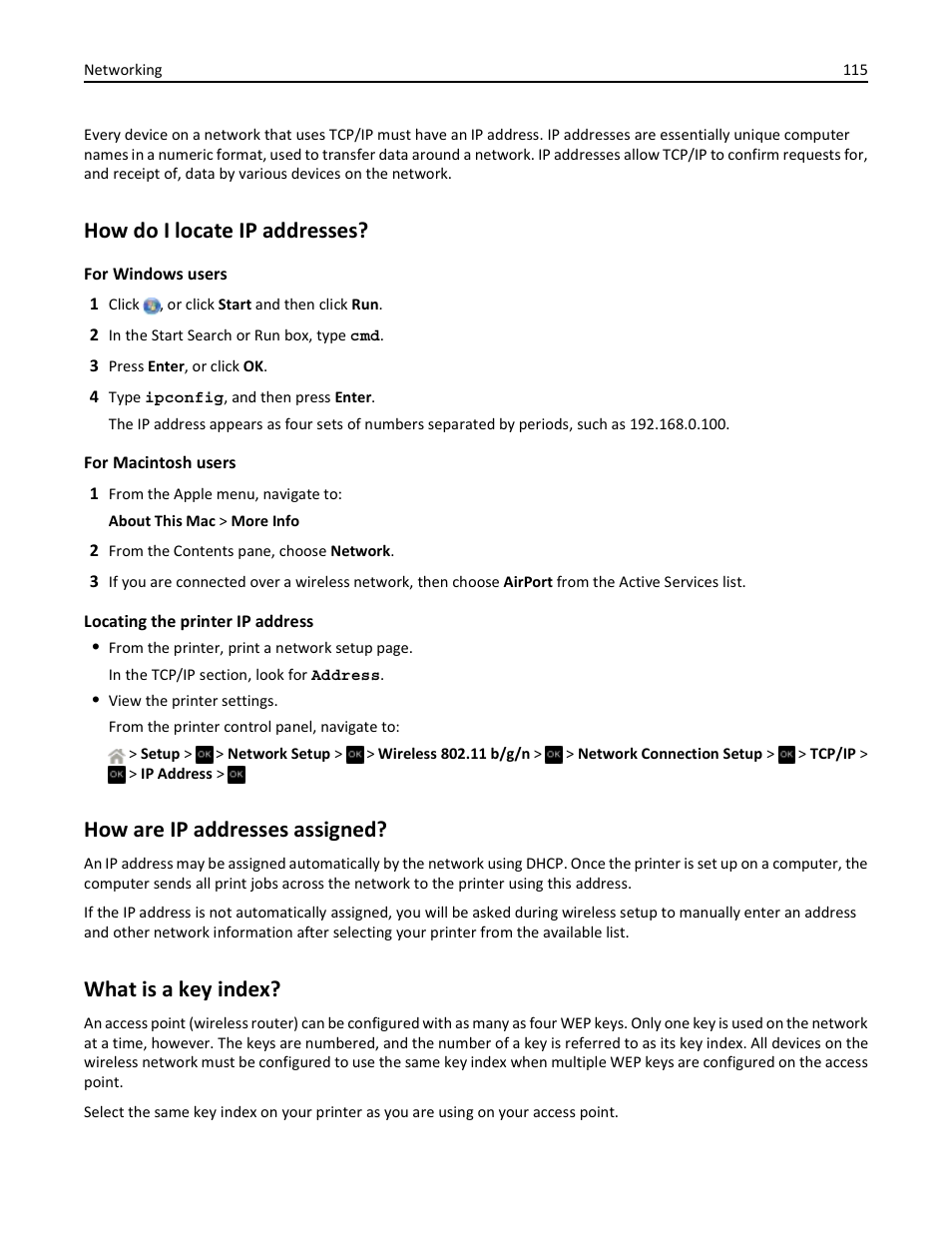 How do i locate ip addresses, How are ip addresses assigned, What is a key index | Dell V525w All In One Wireless Inkjet Printer User Manual | Page 115 / 177