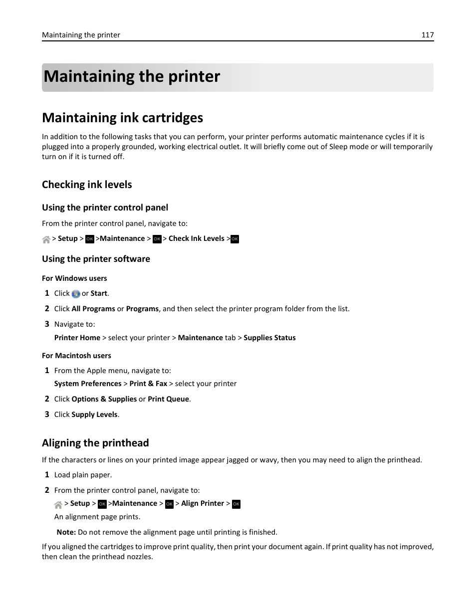 Maintaining the printer, Maintaining ink cartridges, Checking ink levels | Aligning the printhead | Dell V525w All In One Wireless Inkjet Printer User Manual | Page 117 / 177