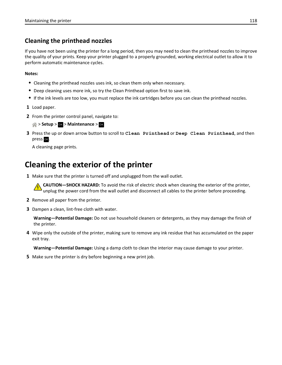 Cleaning the printhead nozzles, Cleaning the exterior of the printer | Dell V525w All In One Wireless Inkjet Printer User Manual | Page 118 / 177