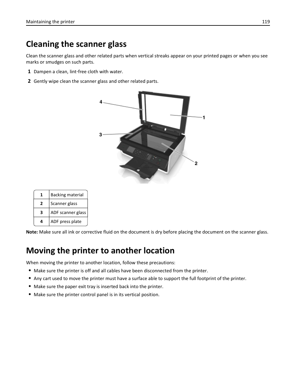 Cleaning the scanner glass, Moving the printer to another location | Dell V525w All In One Wireless Inkjet Printer User Manual | Page 119 / 177