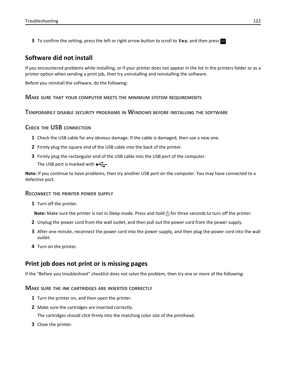 Software did not install, Check the usb connection, Reconnect the printer power supply | Print job does not print or is missing pages | Dell V525w All In One Wireless Inkjet Printer User Manual | Page 122 / 177