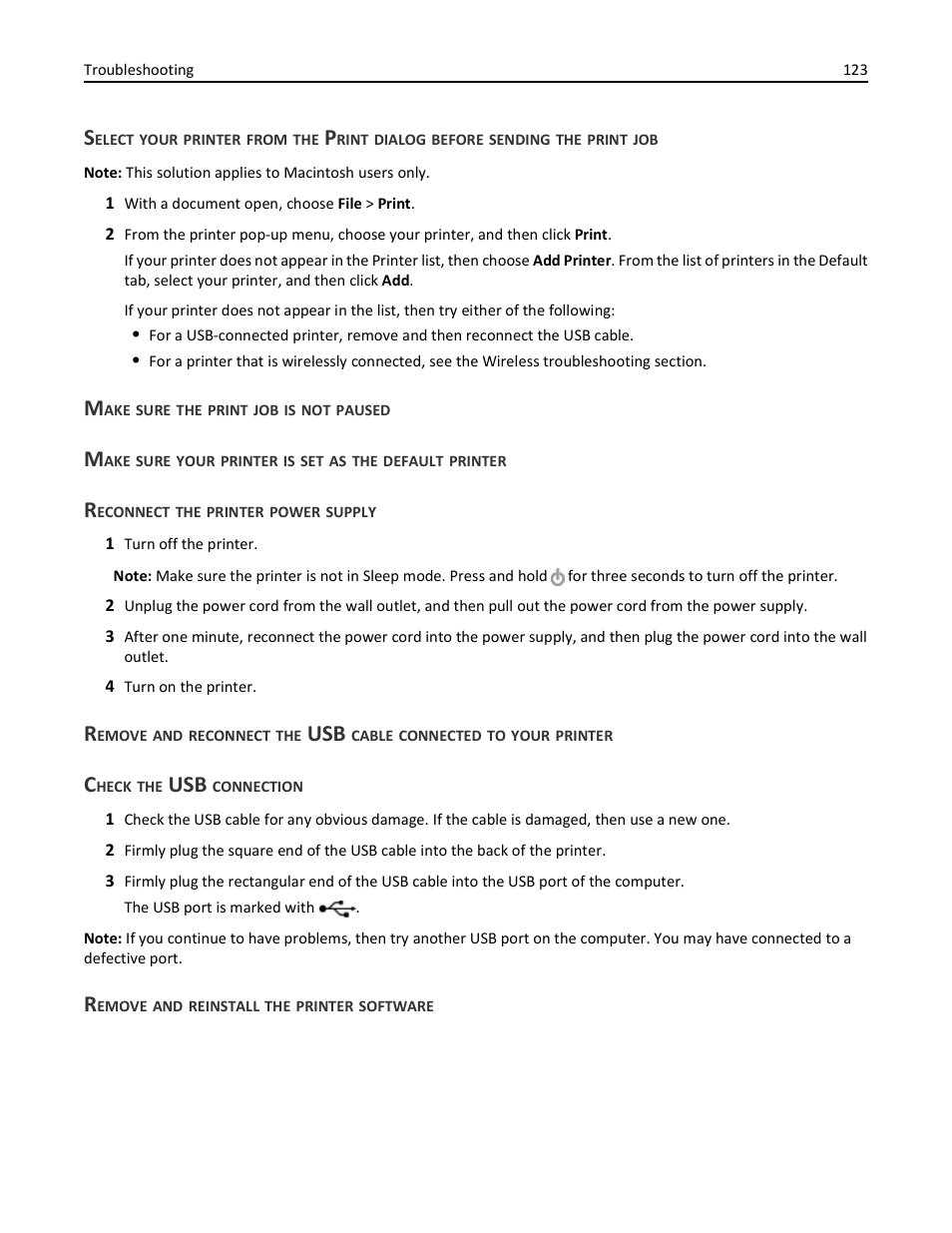 Make sure the print job is not paused, Reconnect the printer power supply, Check the usb connection | Remove and reinstall the printer software | Dell V525w All In One Wireless Inkjet Printer User Manual | Page 123 / 177