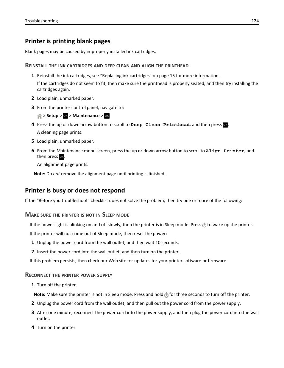 Printer is busy or does not respond, Make sure the printer is not in sleep mode, Reconnect the printer power supply | Printer is printing blank pages | Dell V525w All In One Wireless Inkjet Printer User Manual | Page 124 / 177