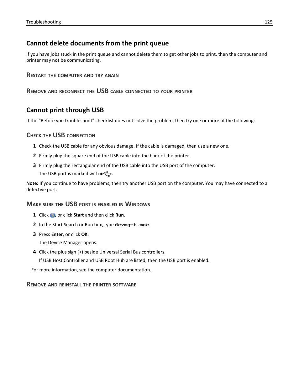 Cannot delete documents from the print queue, Restart the computer and try again, Cannot print through usb | Check the usb connection, Make sure the usb port is enabled in windows, Remove and reinstall the printer software | Dell V525w All In One Wireless Inkjet Printer User Manual | Page 125 / 177