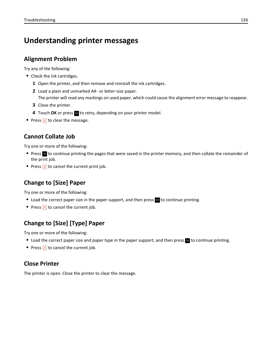 Understanding printer messages, Alignment problem, Cannot collate job | Change to [size] paper, Change to [size] [type] paper, Close printer | Dell V525w All In One Wireless Inkjet Printer User Manual | Page 126 / 177