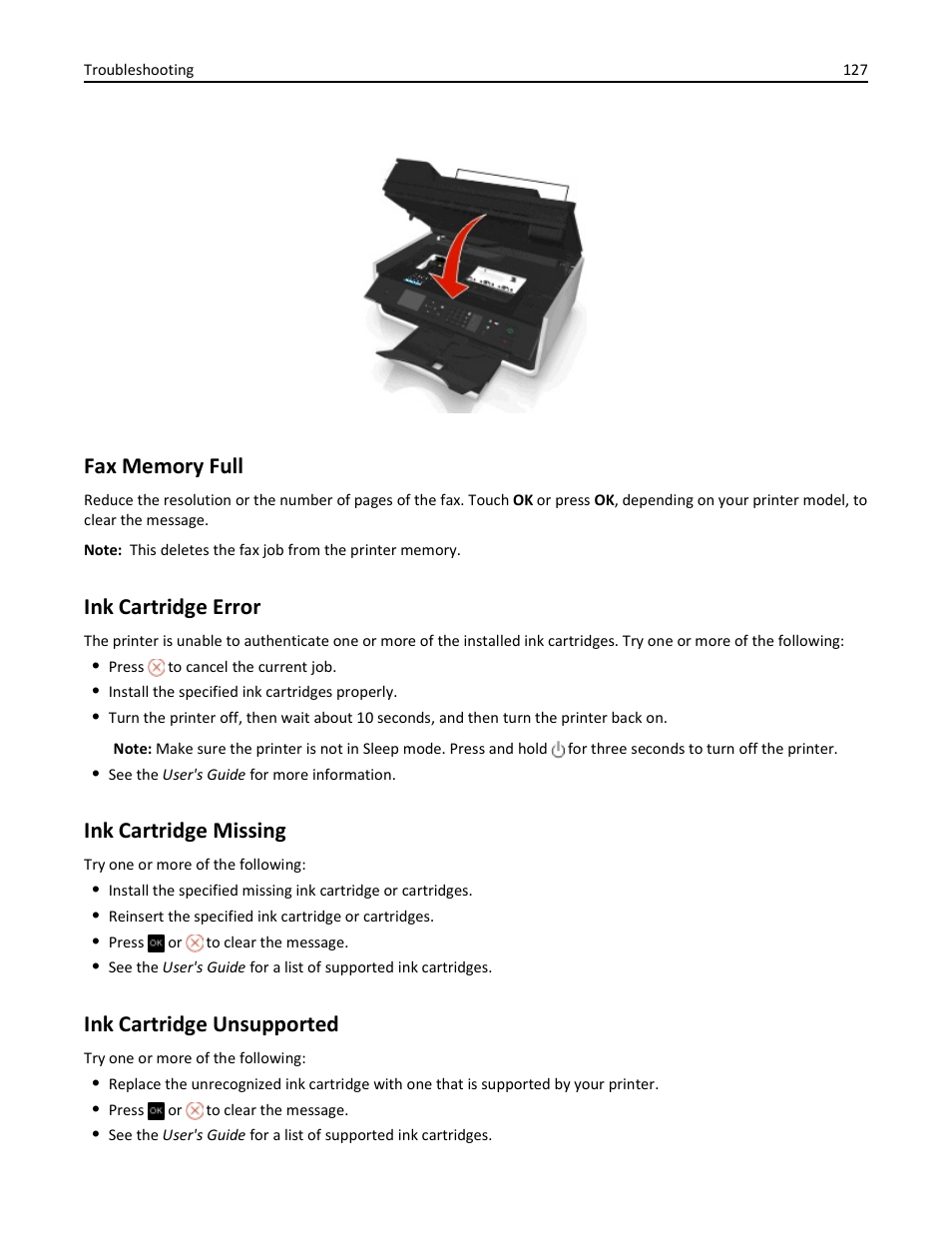 Fax memory full, Ink cartridge error, Ink cartridge missing | Ink cartridge unsupported | Dell V525w All In One Wireless Inkjet Printer User Manual | Page 127 / 177