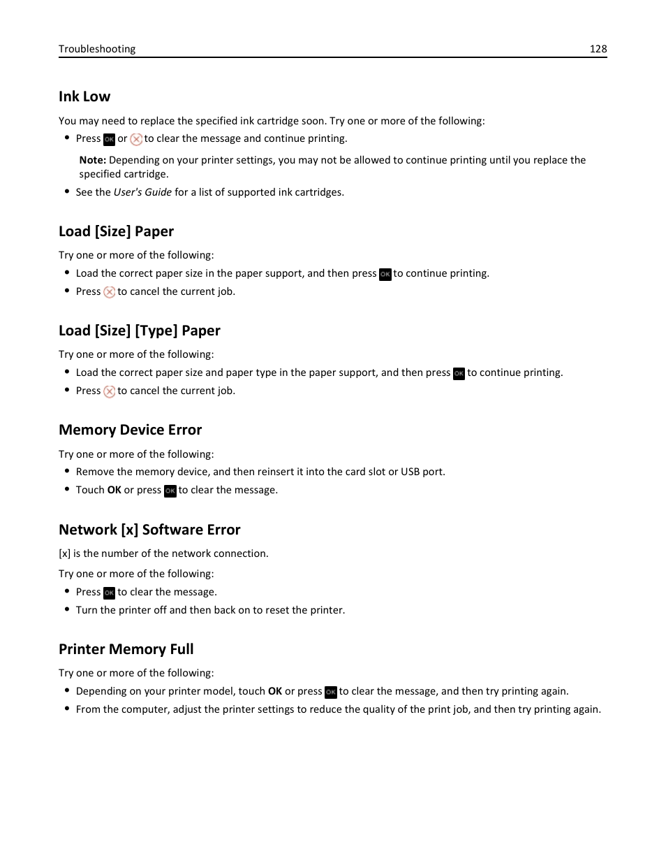 Ink low, Load [size] paper, Load [size] [type] paper | Memory device error, Network [x] software error, Printer memory full | Dell V525w All In One Wireless Inkjet Printer User Manual | Page 128 / 177