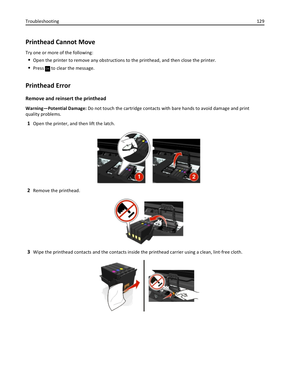 Printhead cannot move, Printhead error | Dell V525w All In One Wireless Inkjet Printer User Manual | Page 129 / 177