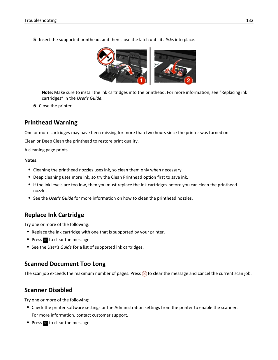 Printhead warning, Replace ink cartridge, Scanned document too long | Scanner disabled | Dell V525w All In One Wireless Inkjet Printer User Manual | Page 132 / 177