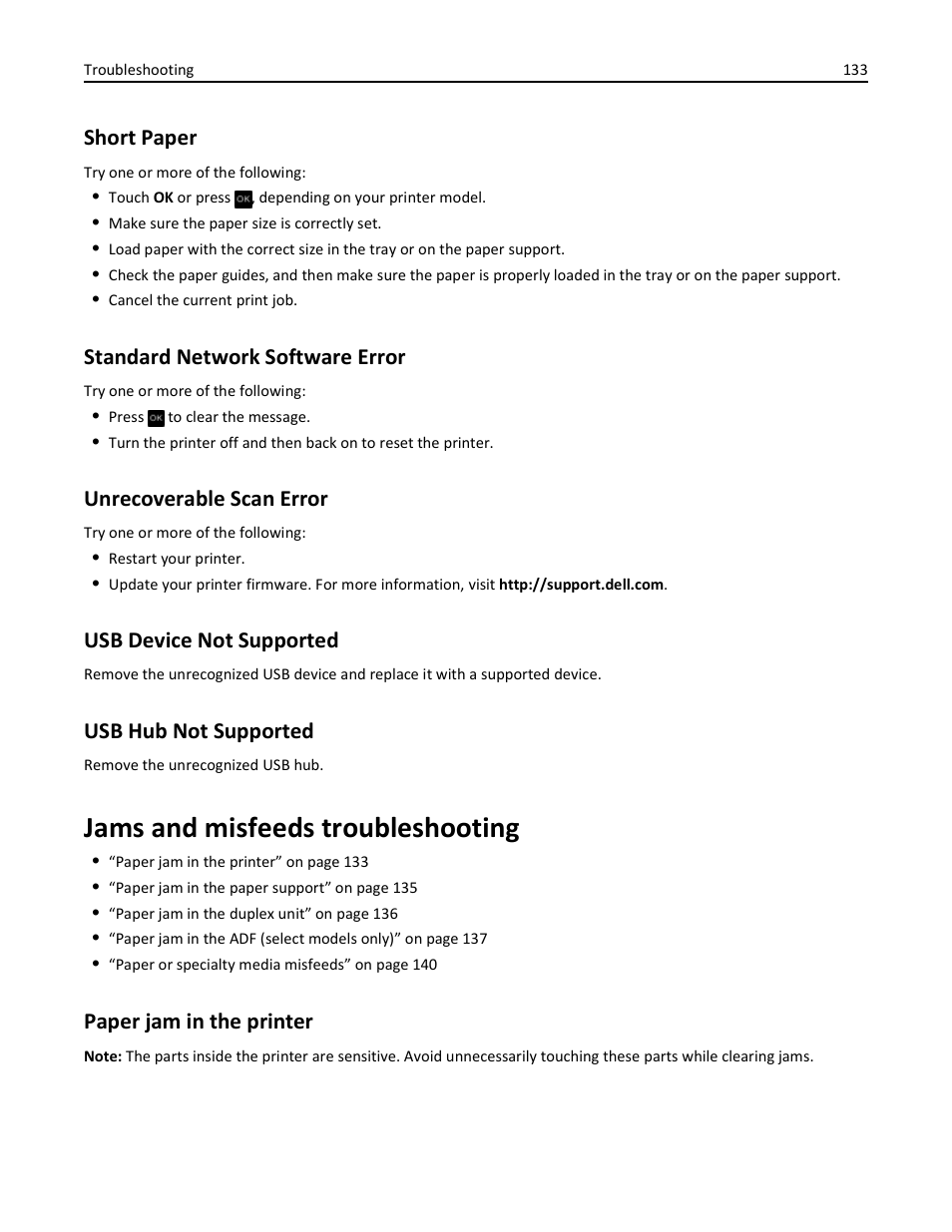 Short paper, Standard network software error, Unrecoverable scan error | Usb device not supported, Usb hub not supported, Jams and misfeeds troubleshooting, Paper jam in the printer | Dell V525w All In One Wireless Inkjet Printer User Manual | Page 133 / 177