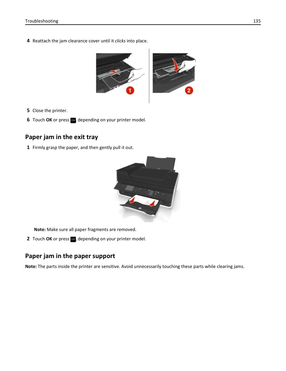 Paper jam in the exit tray, Paper jam in the paper support | Dell V525w All In One Wireless Inkjet Printer User Manual | Page 135 / 177