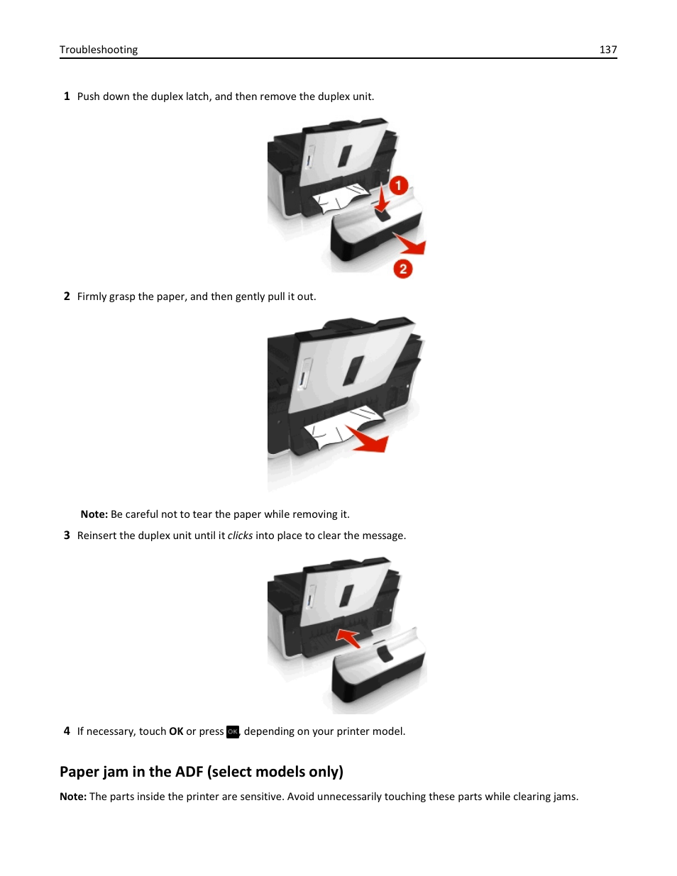 Paper jam in the adf (select models only) | Dell V525w All In One Wireless Inkjet Printer User Manual | Page 137 / 177