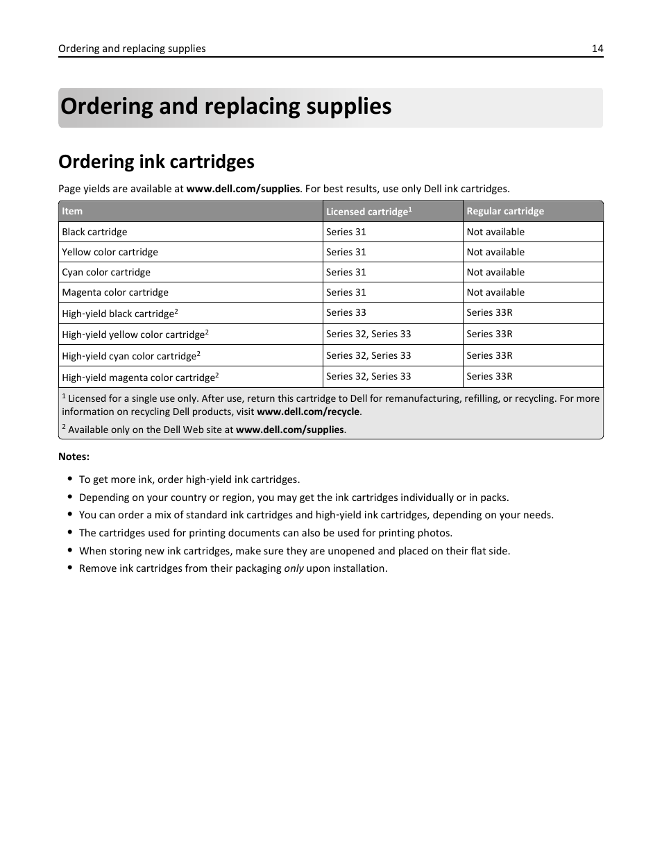 Ordering and replacing supplies, Ordering ink cartridges | Dell V525w All In One Wireless Inkjet Printer User Manual | Page 14 / 177