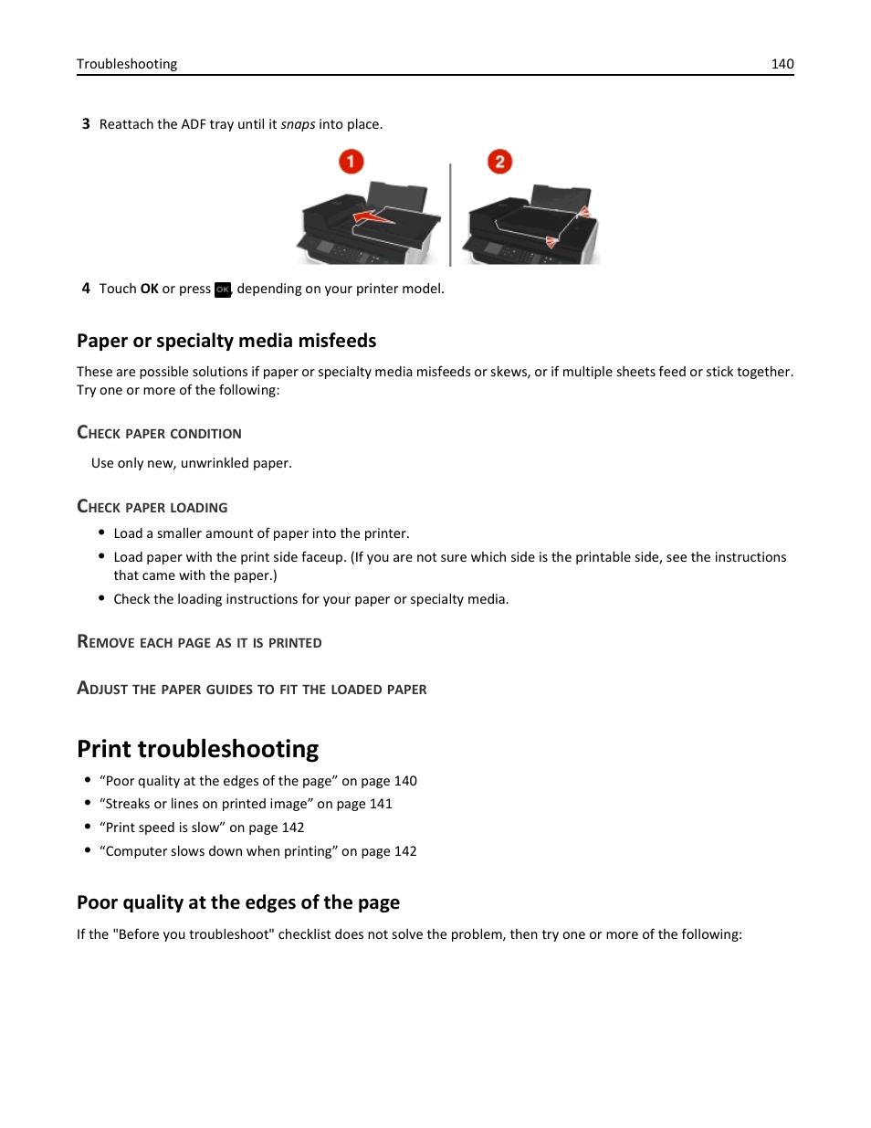 Paper or specialty media misfeeds, Check paper condition, Check paper loading | Adjust the paper guides to fit the loaded paper, Print troubleshooting, Poor quality at the edges of the page | Dell V525w All In One Wireless Inkjet Printer User Manual | Page 140 / 177