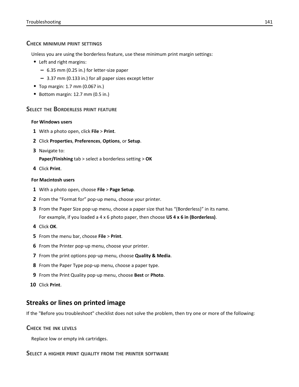 Check minimum print settings, Select the borderless print feature, Streaks or lines on printed image | Check the ink levels | Dell V525w All In One Wireless Inkjet Printer User Manual | Page 141 / 177