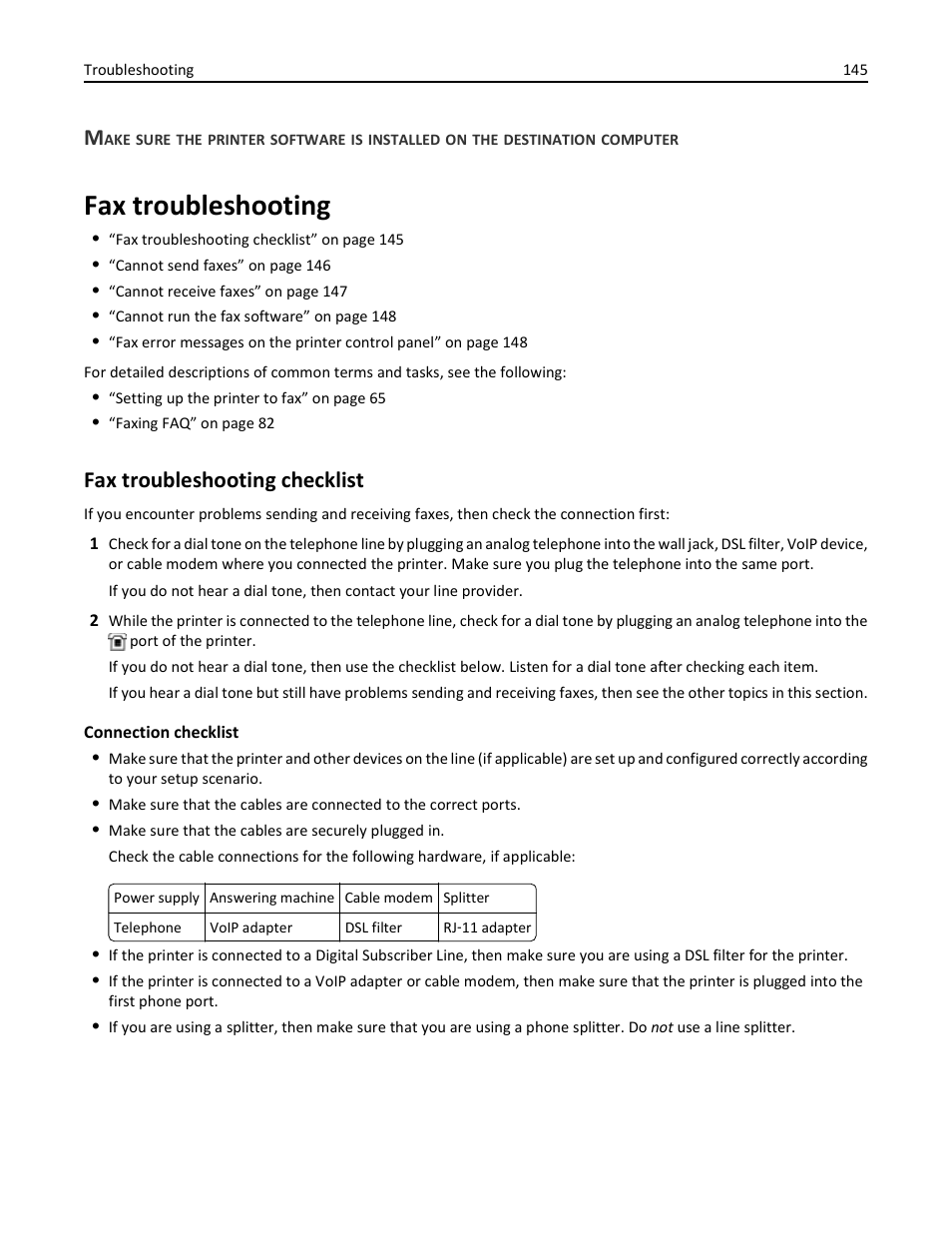 Fax troubleshooting, Fax troubleshooting checklist | Dell V525w All In One Wireless Inkjet Printer User Manual | Page 145 / 177