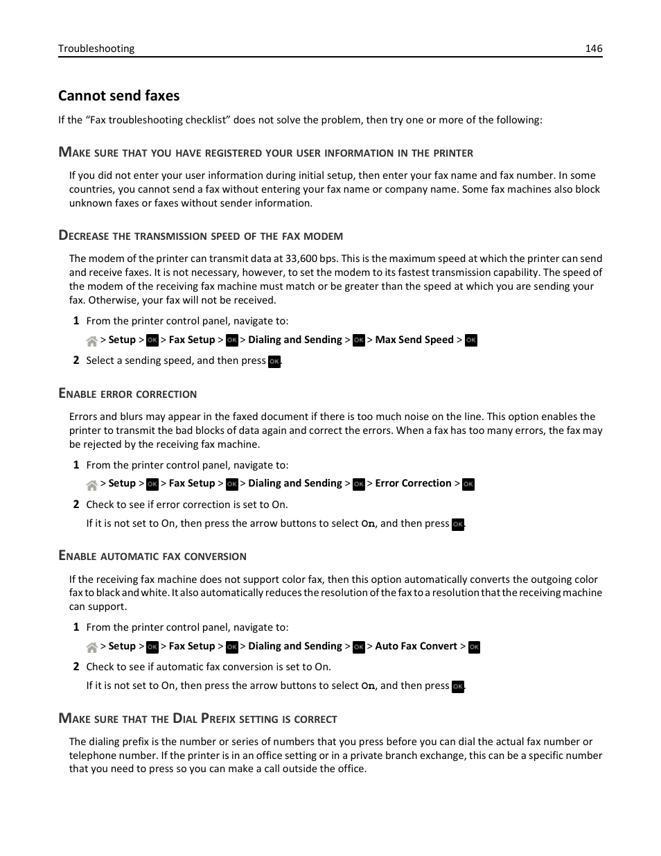 Cannot send faxes, Decrease the transmission speed of the fax modem, Enable error correction | Enable automatic fax conversion, Make sure that the dial prefix setting is correct | Dell V525w All In One Wireless Inkjet Printer User Manual | Page 146 / 177