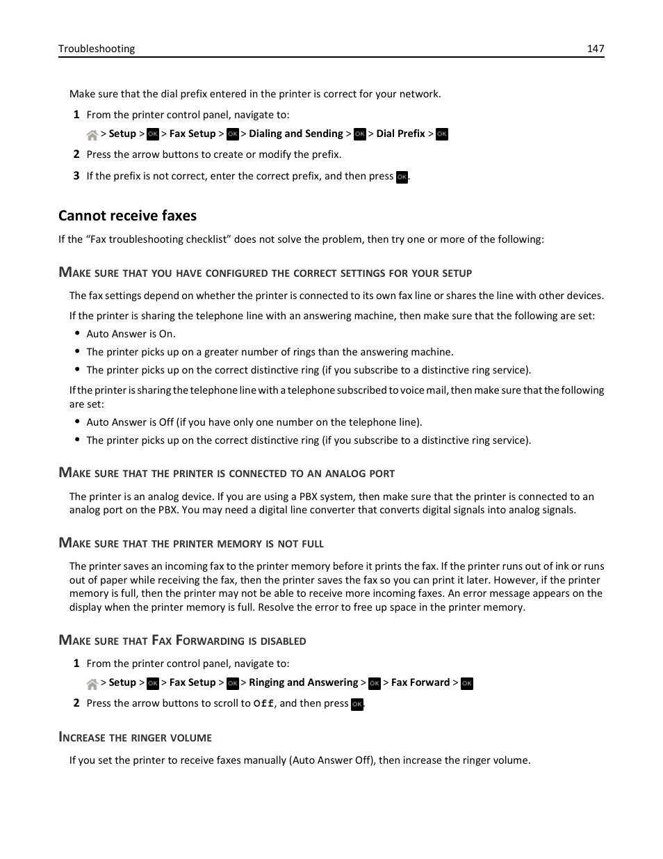 Cannot receive faxes, Make sure that the printer memory is not full, Make sure that fax forwarding is disabled | Increase the ringer volume | Dell V525w All In One Wireless Inkjet Printer User Manual | Page 147 / 177