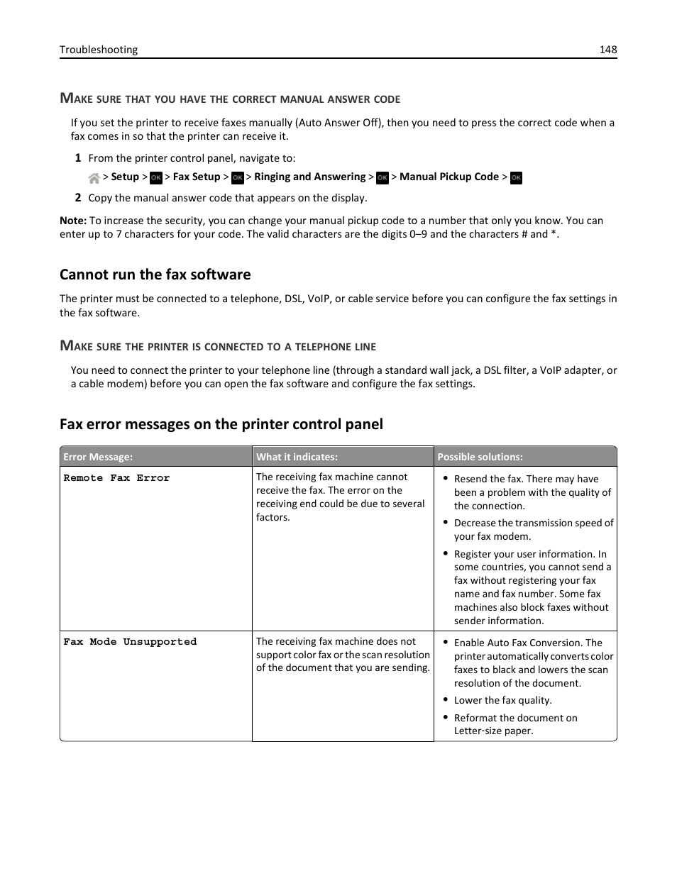 Cannot run the fax software, Fax error messages on the printer control panel | Dell V525w All In One Wireless Inkjet Printer User Manual | Page 148 / 177