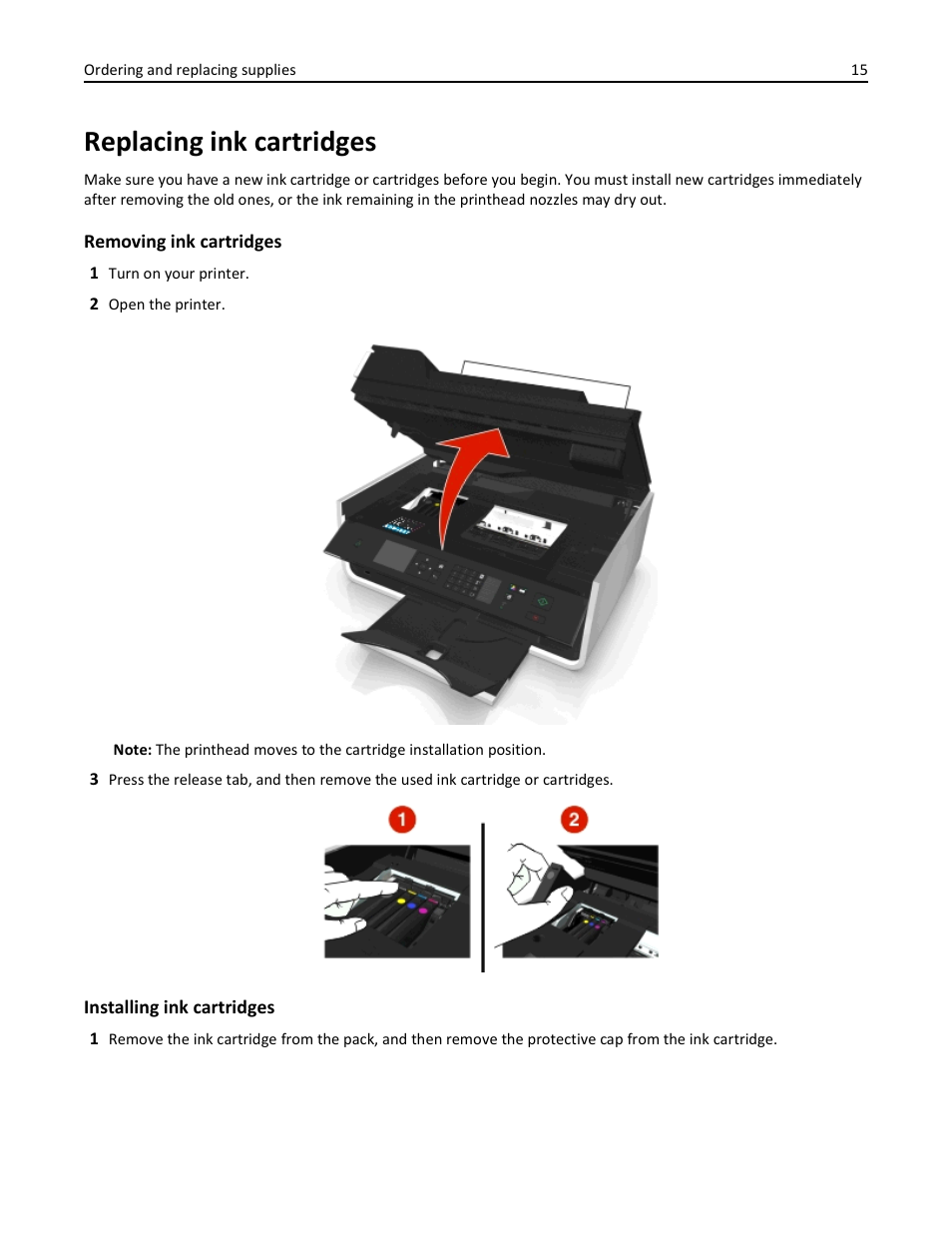 Replacing ink cartridges | Dell V525w All In One Wireless Inkjet Printer User Manual | Page 15 / 177